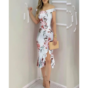 Off Shoulder Ruffled Floral Bodycon Dress