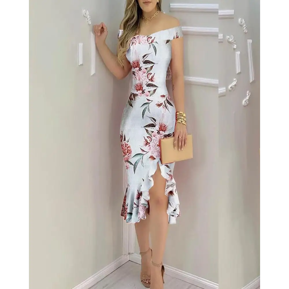 Off Shoulder Ruffled Floral Bodycon Dress