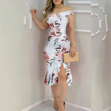 Load image into Gallery viewer, Off Shoulder Ruffled Floral Bodycon Dress