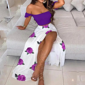 Off Shoulder Ruffles Top & Floral Print High Slit Skirt Set
