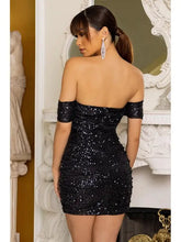Load image into Gallery viewer, Off Shoulder Slim Sequin Mini Dress