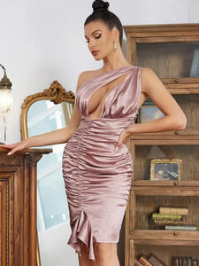 One Shoulder Split Irregular Ruffles Midi Bodycon Dress