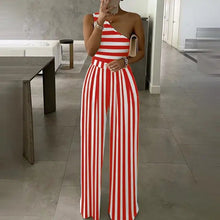 Load image into Gallery viewer, One Shoulder Striped Colorblock Jumpsuit - S / Red