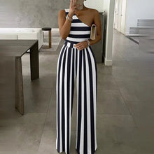Load image into Gallery viewer, One Shoulder Striped Colorblock Jumpsuit - XL / Deep Blue