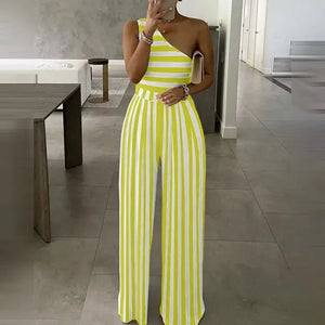 One Shoulder Striped Colorblock Jumpsuit - XL / Yellow