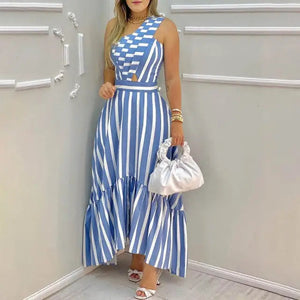 One Shoulder Striped Cut-out Ruffled Hem Long Dress - Blue