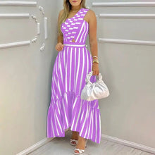 Load image into Gallery viewer, One Shoulder Striped Cut-out Ruffled Hem Long Dress - Purple