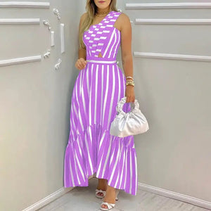 One Shoulder Striped Cut-out Ruffled Hem Long Dress - Purple