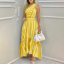 Load image into Gallery viewer, One Shoulder Striped Cut-out Ruffled Hem Long Dress