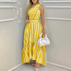 One Shoulder Striped Cut-out Ruffled Hem Long Dress - Yellow