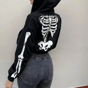 Skeleton Print Long Sleeve Zipper Black Crop Top Hoodie