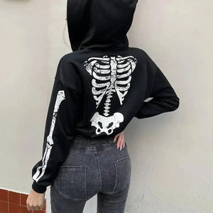 Skeleton Print Long Sleeve Zipper Black Crop Top Hoodie