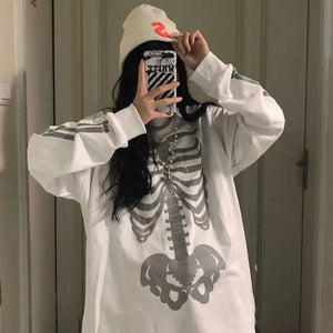 Skeleton Print Round Collar Loose E-girl Aesthetic Hoodie