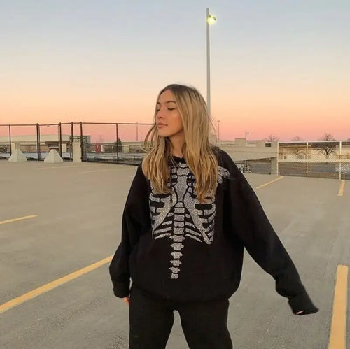 Skeleton Rhinestone Oversized Sweatshirt Hoodie