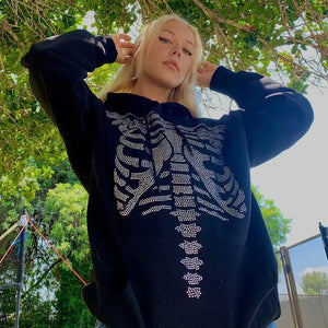 Skeleton Rhinestone Oversized Sweatshirt Hoodie