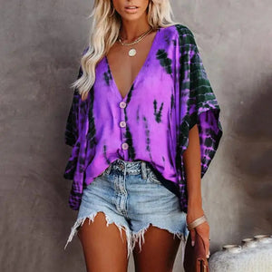 Bat Sleeve Tie-dye Print Blouse - S / Purple