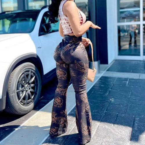 Snake Printed High Waist Flared Trousers