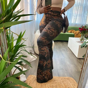 Snake Printed High Waist Flared Trousers