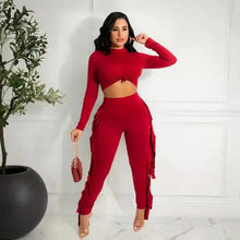 Load image into Gallery viewer, Solid Crop Top and Tassel Pants Set - Red / L