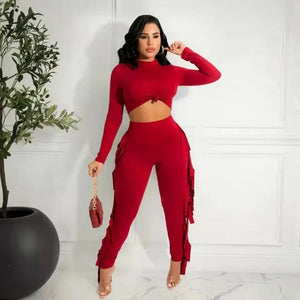 Solid Crop Top and Tassel Pants Set - Red / L