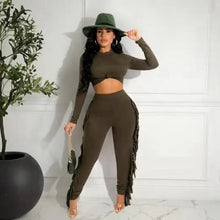 Load image into Gallery viewer, Solid Crop Top and Tassel Pants Set - green / M