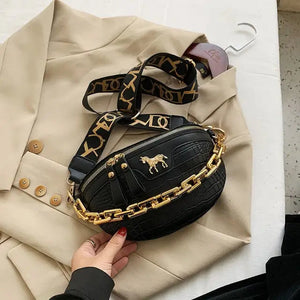 Solid Fashion PU Leather Chain Travel Belt Bag - black