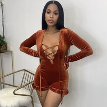 Load image into Gallery viewer, Solid Hollow Out Bandage Velvet Long Sleeve Romper