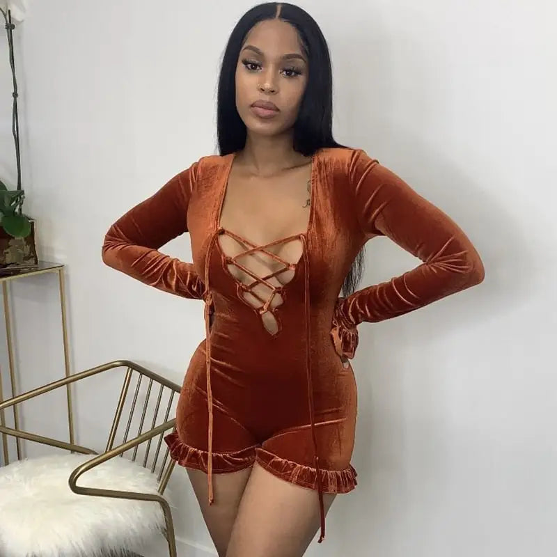 Solid Hollow Out Bandage Velvet Long Sleeve Romper