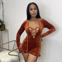 Load image into Gallery viewer, Solid Hollow Out Bandage Velvet Long Sleeve Romper