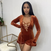 Load image into Gallery viewer, Solid Hollow Out Bandage Velvet Long Sleeve Romper