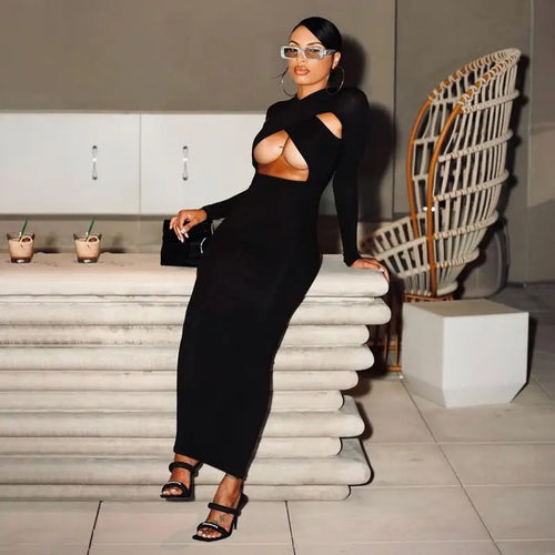 Solid Hollow Out Long Sleeve Midi Dress