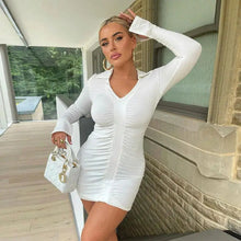Load image into Gallery viewer, Solid Pleated Polo Neck Long Sleeves Mini Dress - White / S