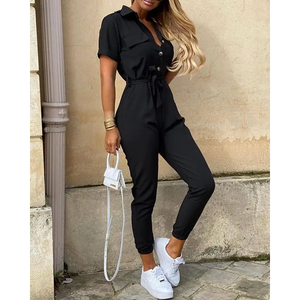 Solid Short Sleeve Buttoned Jumpsuit - S / Black