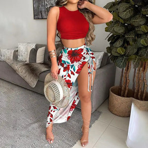 Solid Tank Top & Floral Drawstring Ruched Slit Thigh Skirt