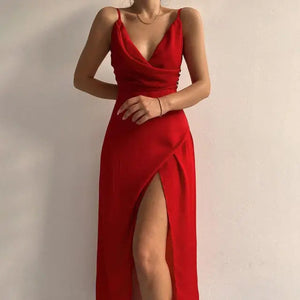 Spaghetti Strap Backless Wrap Midi Dress - red / M