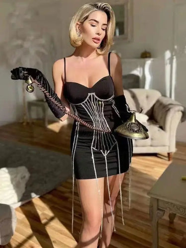 Spaghetti Strap Fringe Diamond Mini Bandage Dress