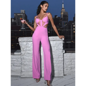 Spaghetti Strap Hollow Out Bodycon Bandage Jumpsuit - XS