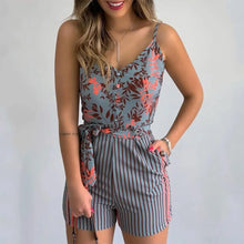 Load image into Gallery viewer, Spaghetti Strap Leaf Print Striped Knotted Romper - Grey /
