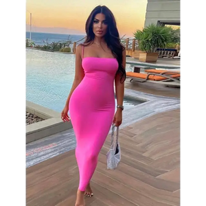 Spaghetti Strap Sexy Backless Club Party Maxi Dress - pink