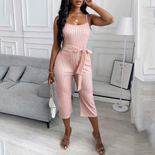 Load image into Gallery viewer, Spaghetti Strap Striped Slinky Belted Jumpsuit