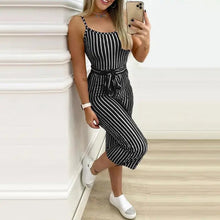 Load image into Gallery viewer, Spaghetti Strap Striped Slinky Belted Jumpsuit - L / Black