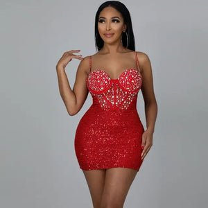 Sparkly Rhinestone Sequin Mini Dress - Red / XXL
