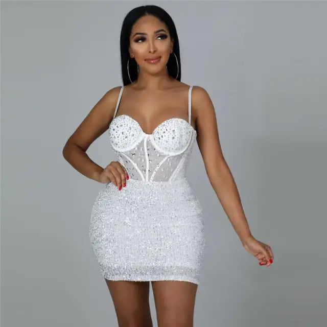 Sparkly Rhinestone Sequin Mini Dress - white / XL