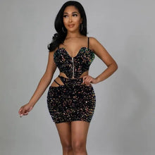 Load image into Gallery viewer, Sparkly Sequin Festival Crop Top &amp; Mini Skirt Set - black