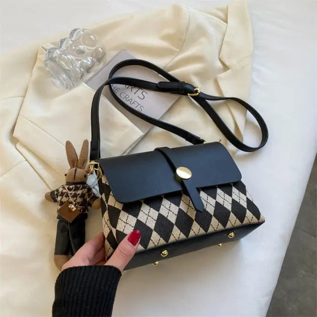 Square Crossbody Bag With Pendant Design Handbag - black