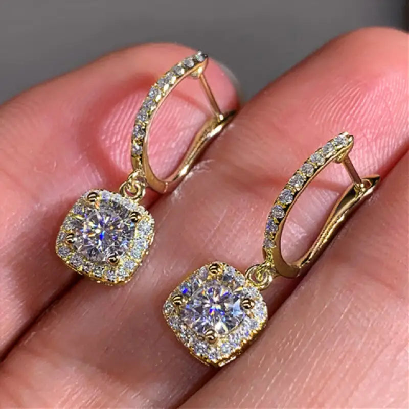Square Shape Brilliant Dangle Earrings - Gold Color / white