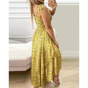 Tie Strap Ditsy Floral Print Maxi Dress - Yellow / M