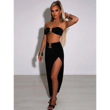 Load image into Gallery viewer, Strapless Button Crop Top &amp; Bodycon Slit Skirt