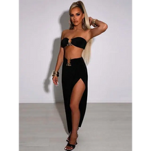 Load image into Gallery viewer, Strapless Button Crop Top &amp; Bodycon Slit Skirt - L / Black
