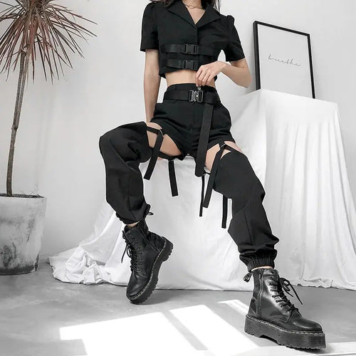Street Style Buckle Hallow Out Hight Waist Cargo Pants